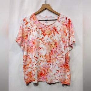 Croft & Barrow Floral Classic Tee Women's 1X White Orange Cottagecore Coastal